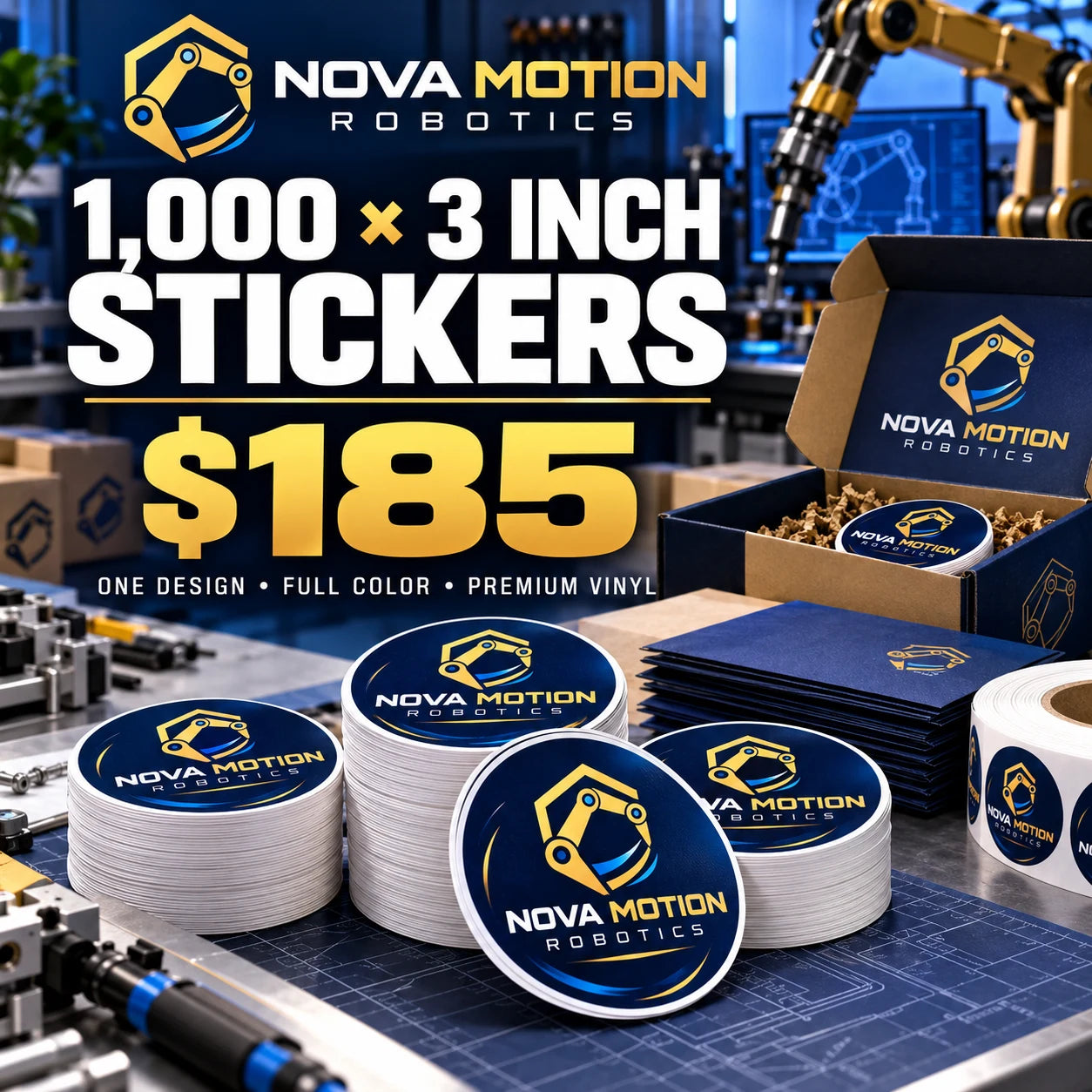 Nova Motion Robotics fictional packaging and sticker ideas