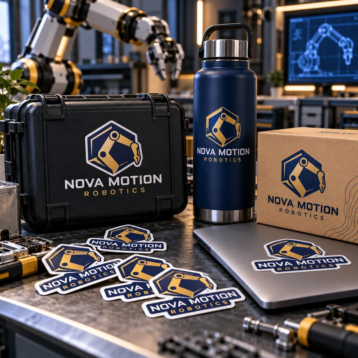 Nova Motion Robotics fictional example storefront with custom lettering and stickers