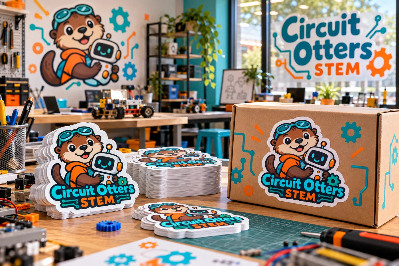Circuit Otters STEM fictional example storefront with custom lettering and stickers