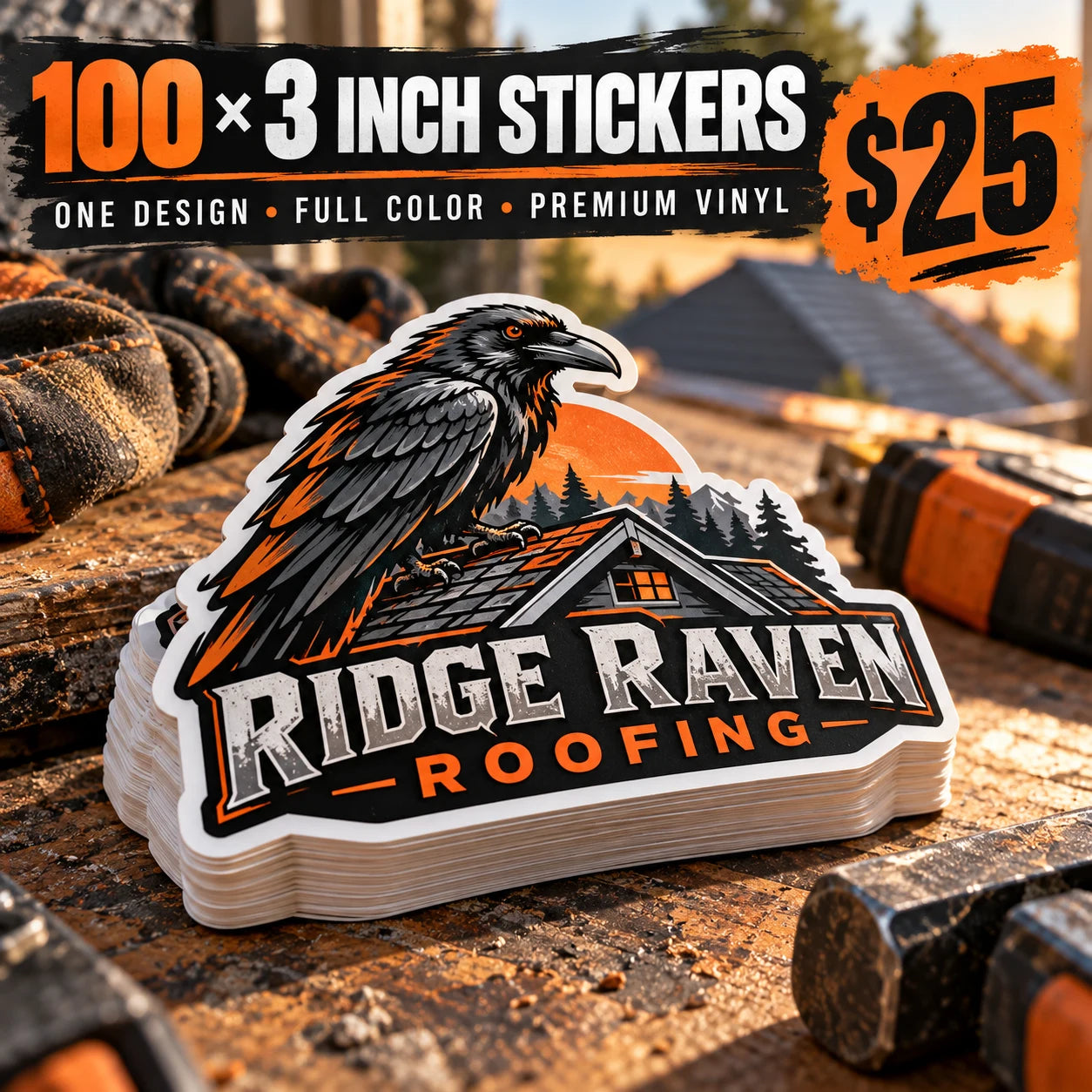 Ridge Raven Roofing fictional example: 100 custom 3 inch stickers for $25