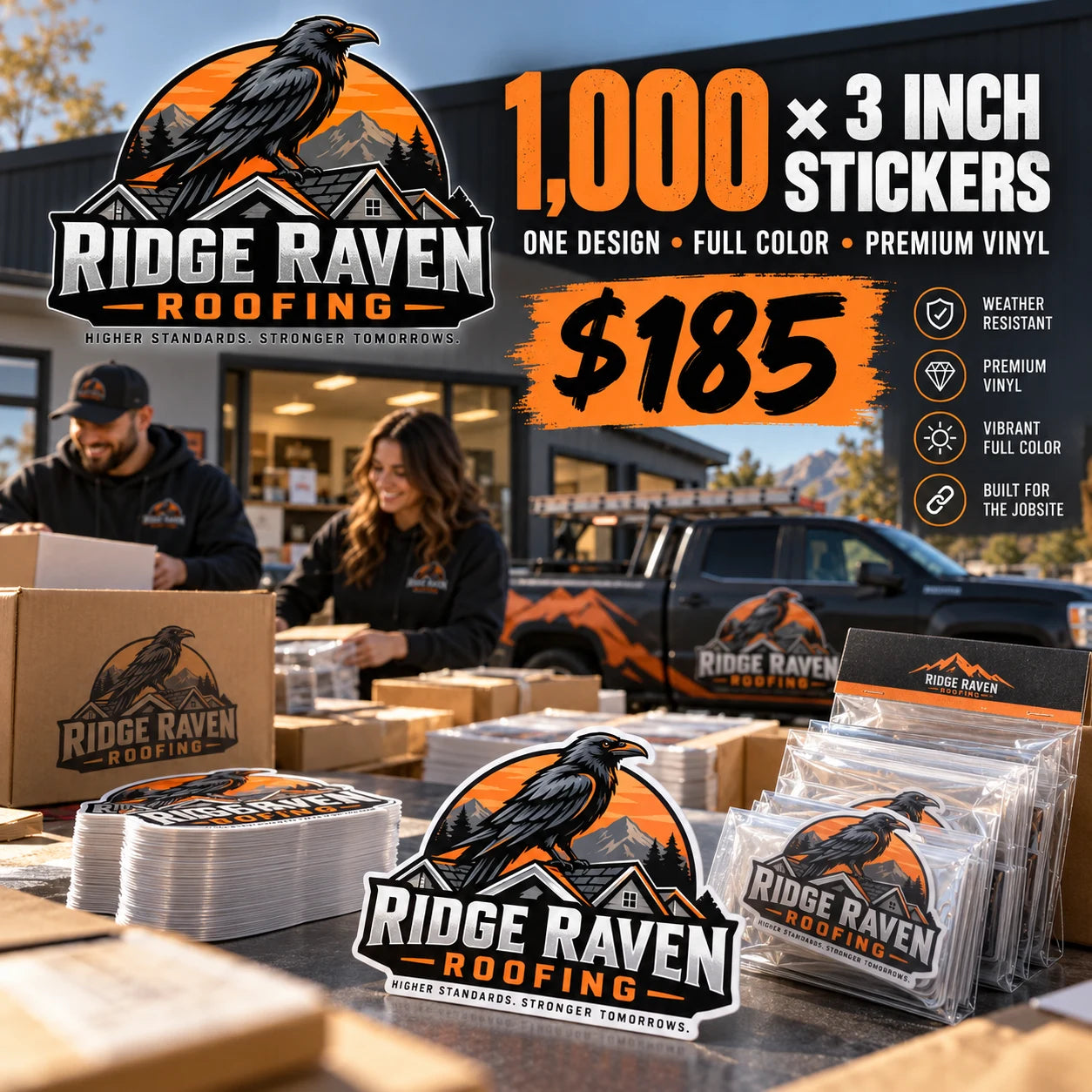 Ridge Raven Roofing fictional example: 1000 custom 3 inch stickers for $185