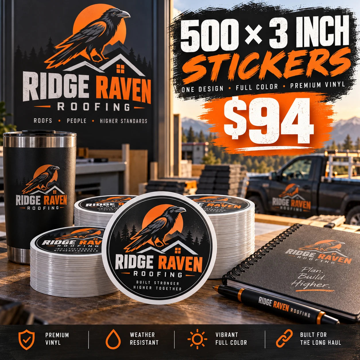 Ridge Raven Roofing fictional example: 500 custom 3 inch stickers for $94