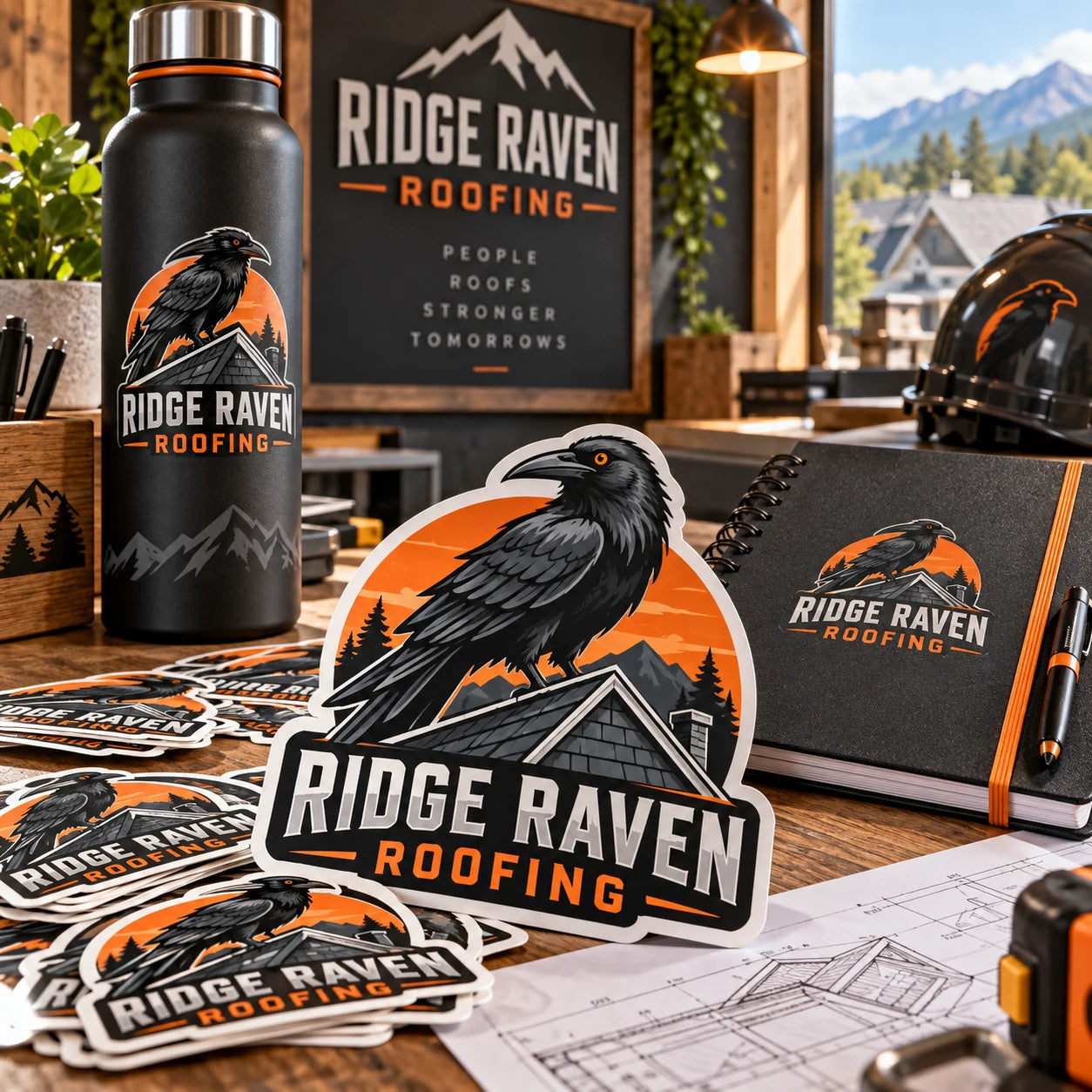 Ridge Raven Roofing fictional example storefront with custom lettering and stickers