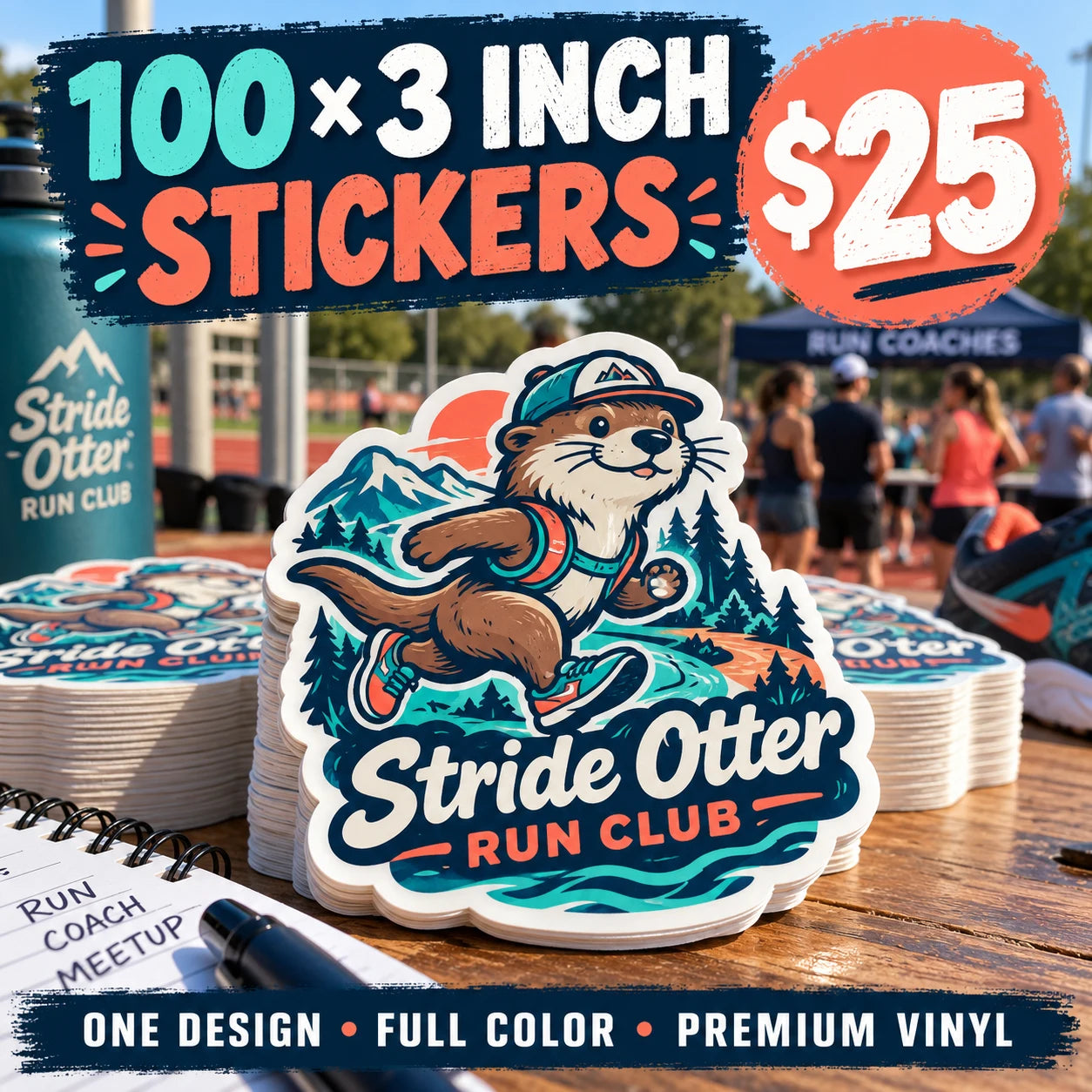 Stride Otter Run Club fictional example: 100 custom 3 inch stickers for $25