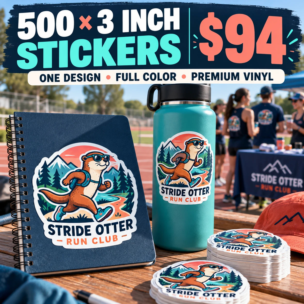 Stride Otter Run Club fictional example: 500 custom 3 inch stickers for $94