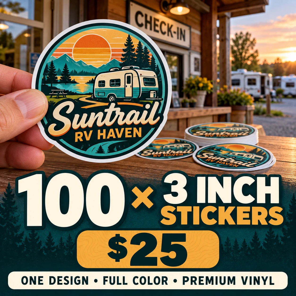 Suntrail RV Haven fictional example: 100 custom 3 inch stickers for $25