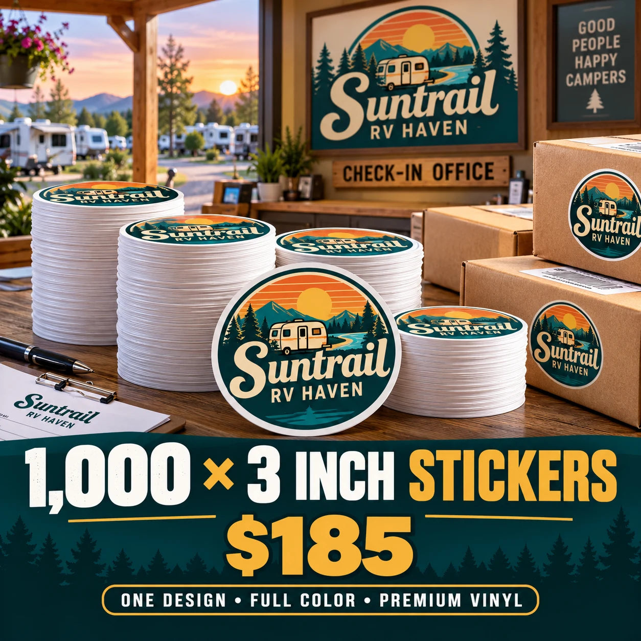 Suntrail RV Haven fictional example: 1000 custom 3 inch stickers for $185