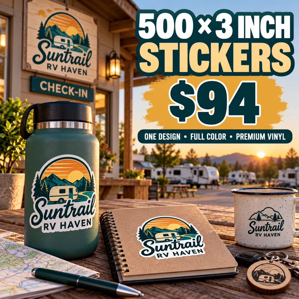 Suntrail RV Haven fictional example: 500 custom 3 inch stickers for $94