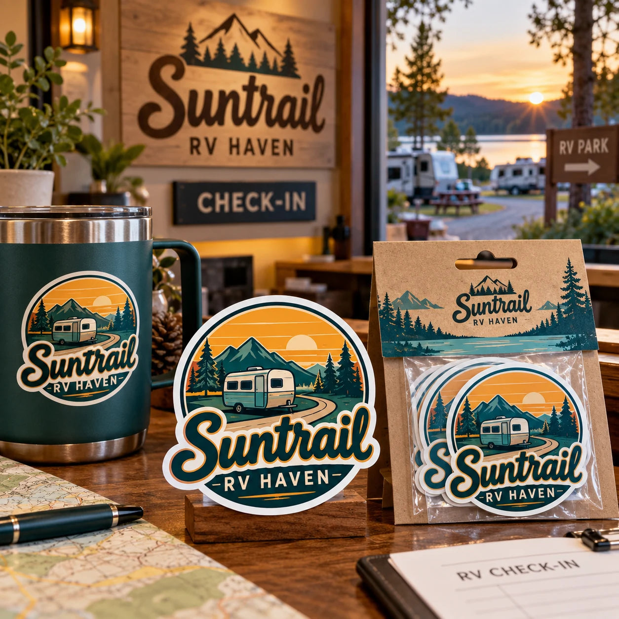 Suntrail RV Haven fictional example storefront with custom lettering and stickers