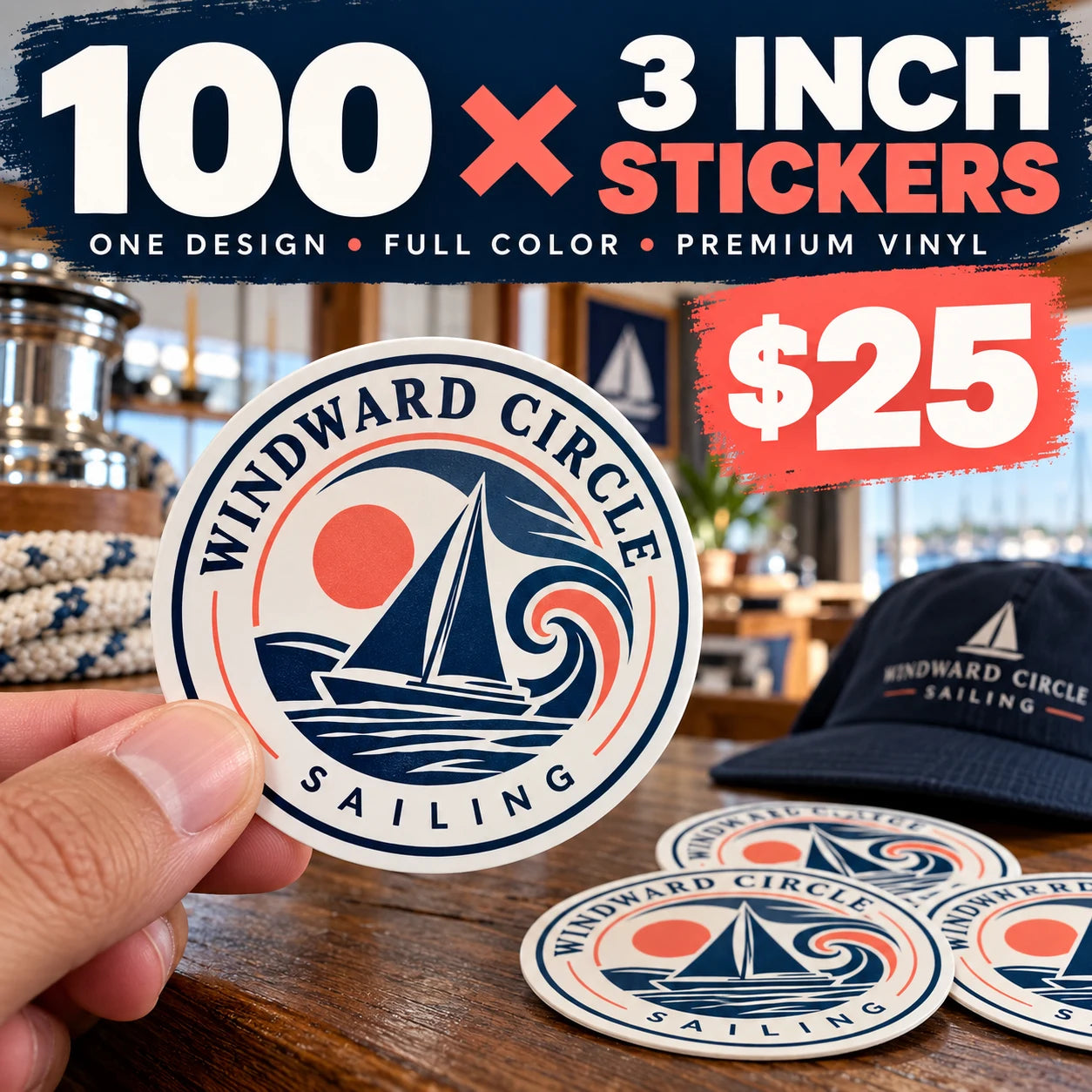 Windward Circle Sailing fictional example: 100 custom 3 inch stickers for $25