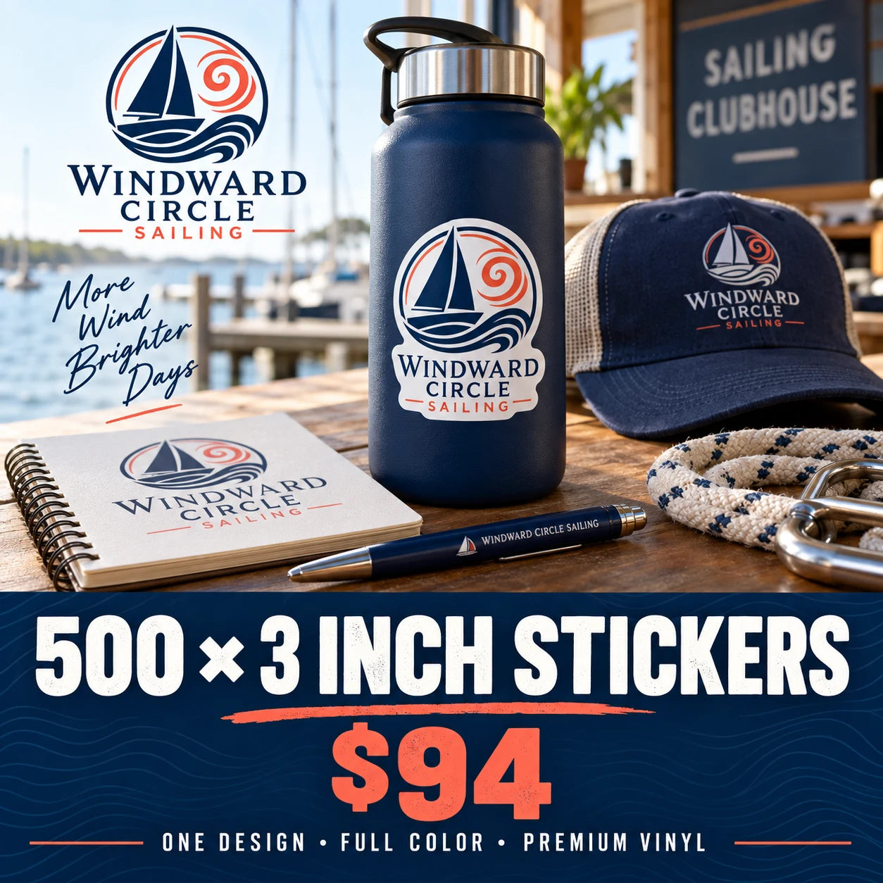 Windward Circle Sailing fictional example: 500 custom 3 inch stickers for $94