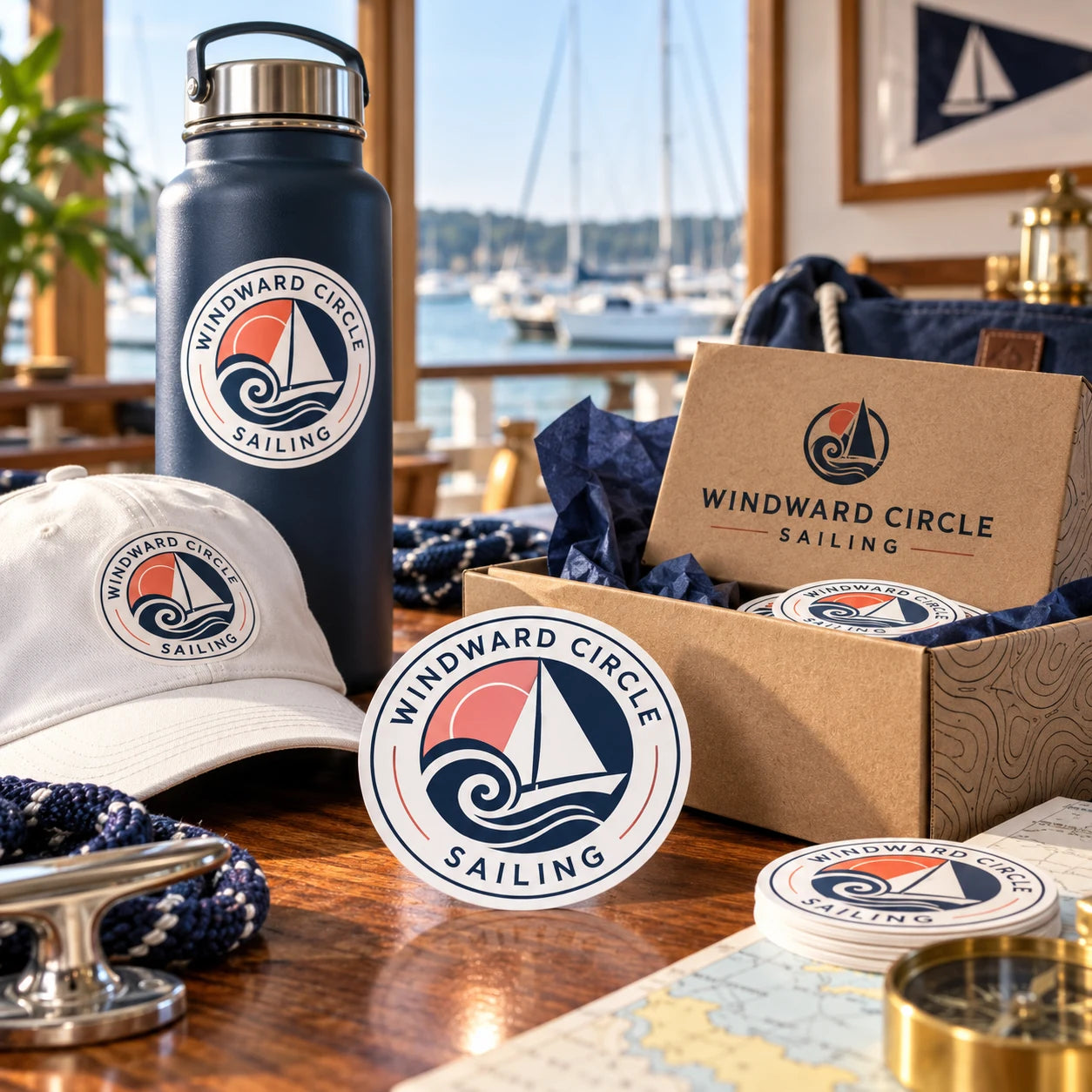 Windward Circle Sailing fictional example storefront with custom lettering and stickers