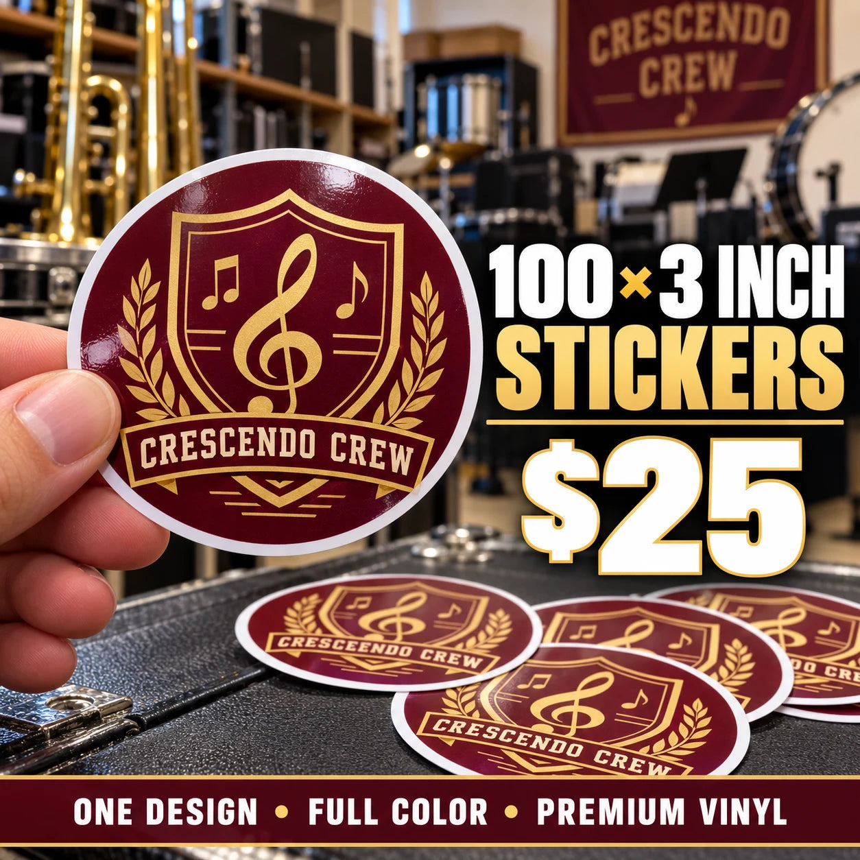 Crescendo Crew fictional example: 100 custom 3 inch stickers for $25