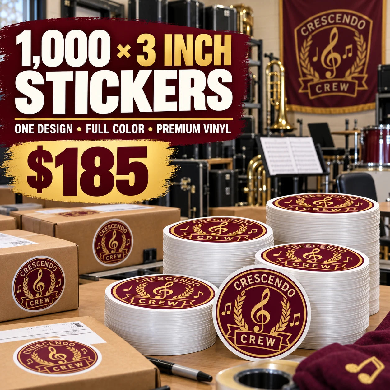 Crescendo Crew fictional example: 1000 custom 3 inch stickers for $185
