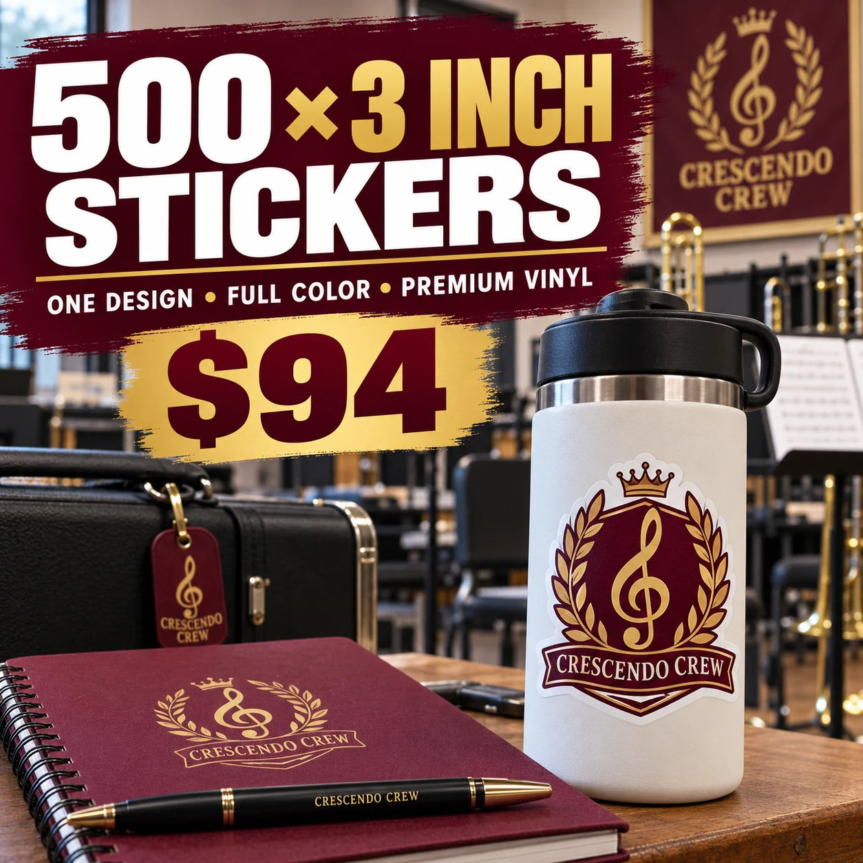 Crescendo Crew fictional example: 500 custom 3 inch stickers for $94