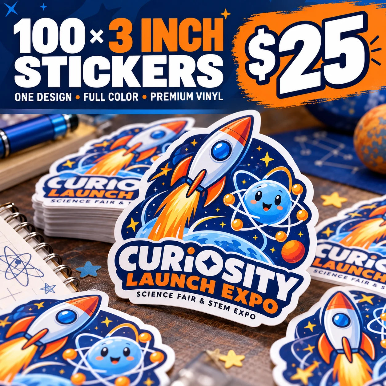 Curiosity Launch Expo fictional example: 100 custom 3 inch stickers for $25