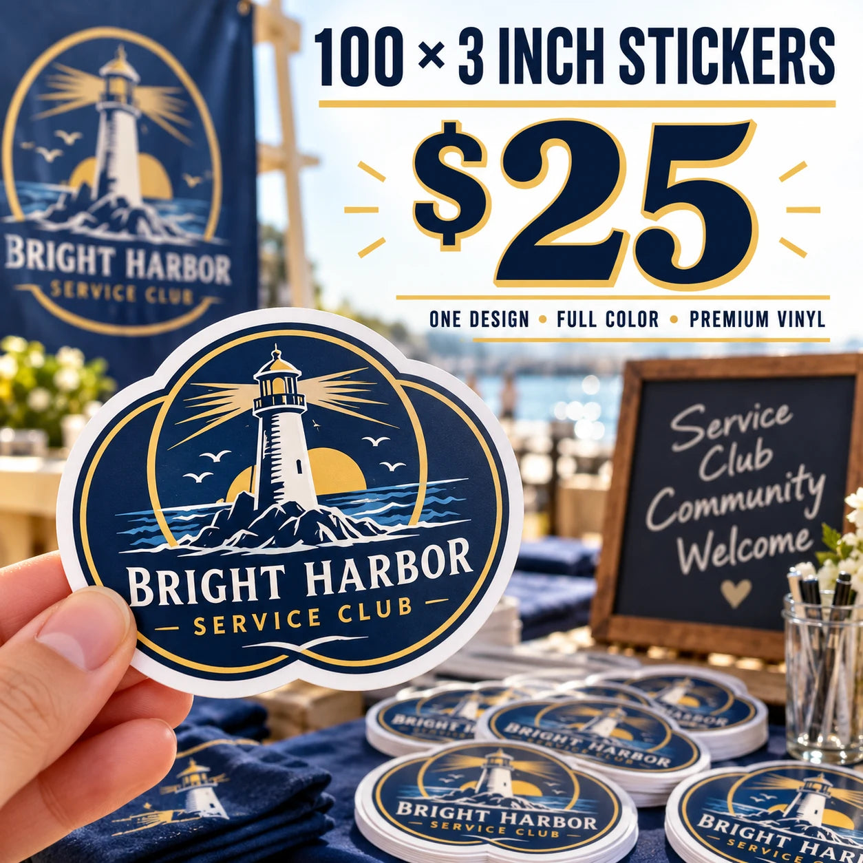 Bright Harbor Service Club fictional example: 100 custom 3 inch stickers for $25