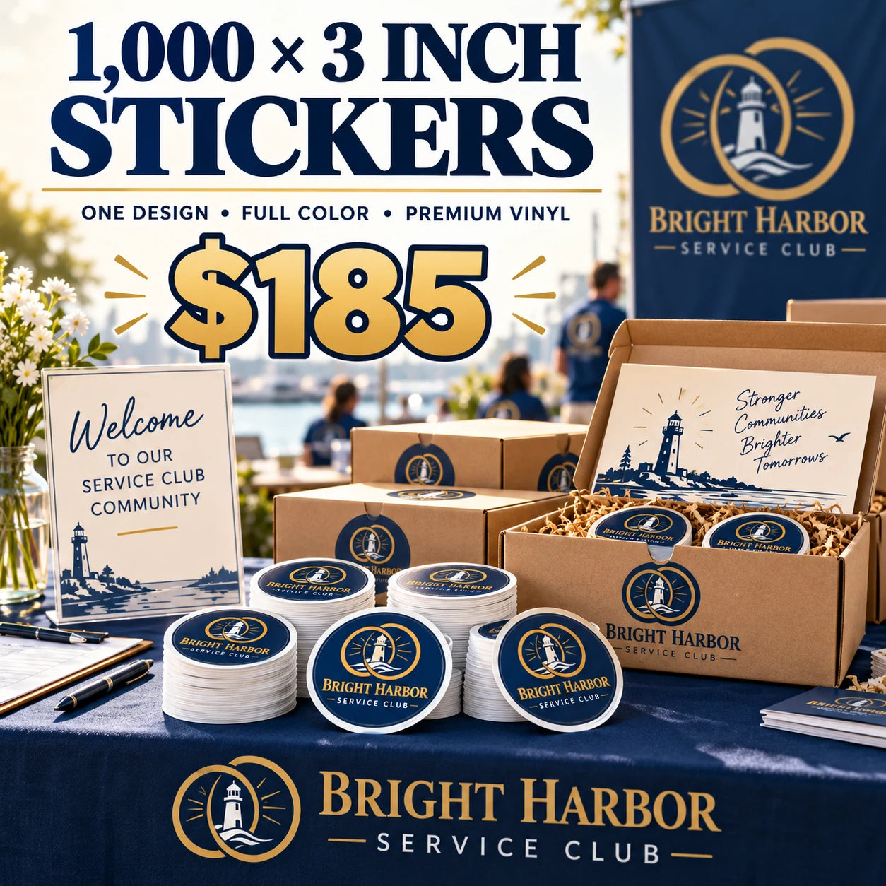 Bright Harbor Service Club fictional example: 1000 custom 3 inch stickers for $185