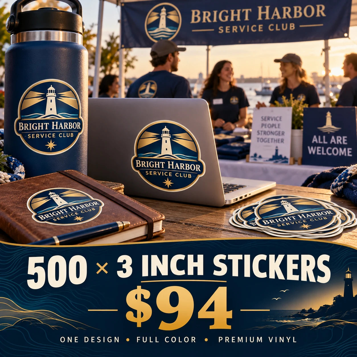 Bright Harbor Service Club fictional example: 500 custom 3 inch stickers for $94