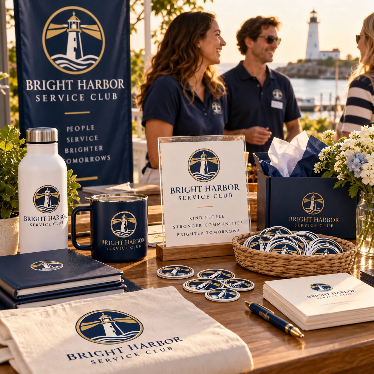 Bright Harbor Service Club fictional example storefront with custom lettering and stickers
