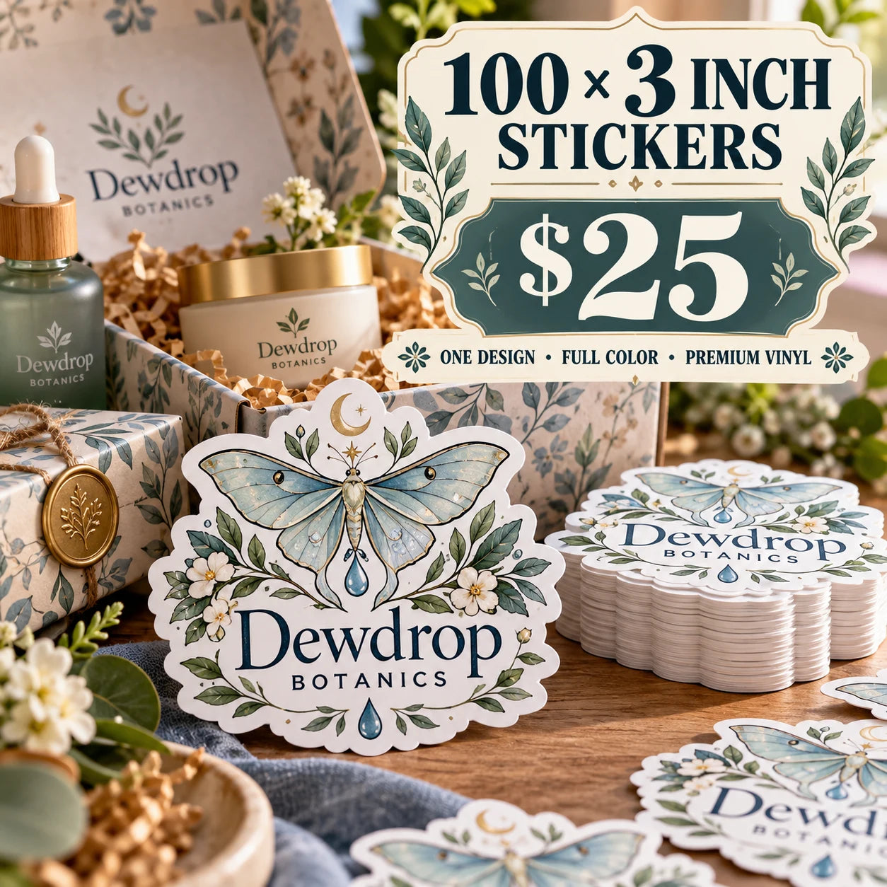 Dewdrop Botanics fictional example: 100 custom 3 inch stickers for $25