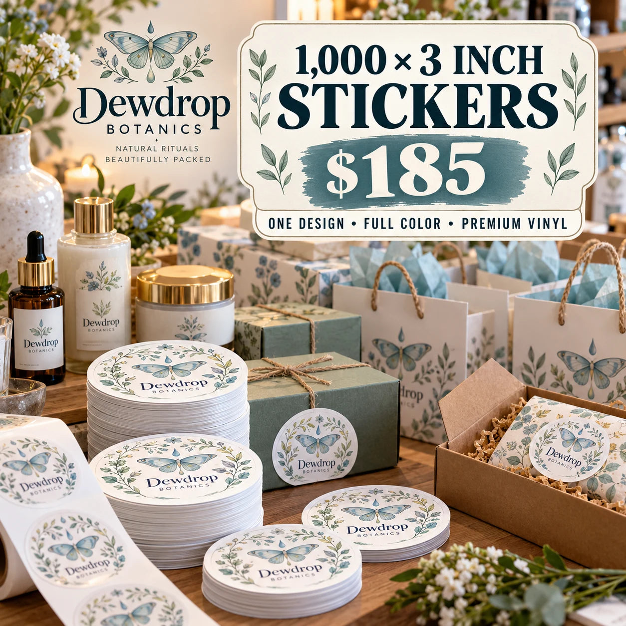 Dewdrop Botanics fictional packaging and sticker ideas