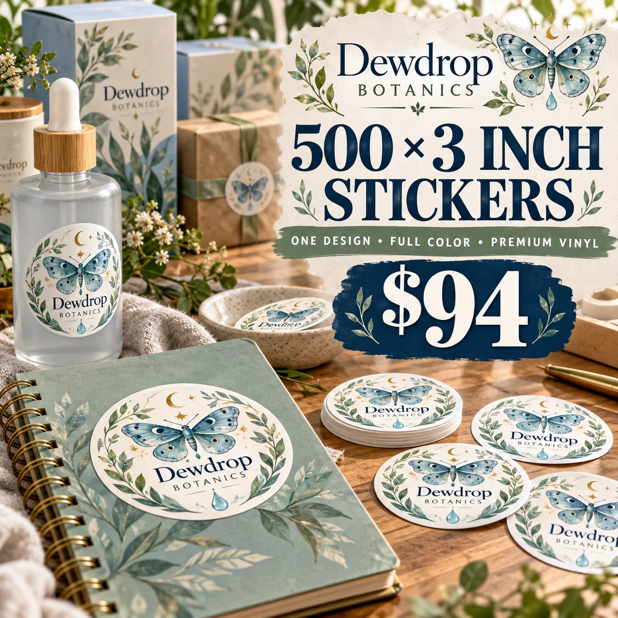 Dewdrop Botanics fictional example: 500 custom 3 inch stickers for $94