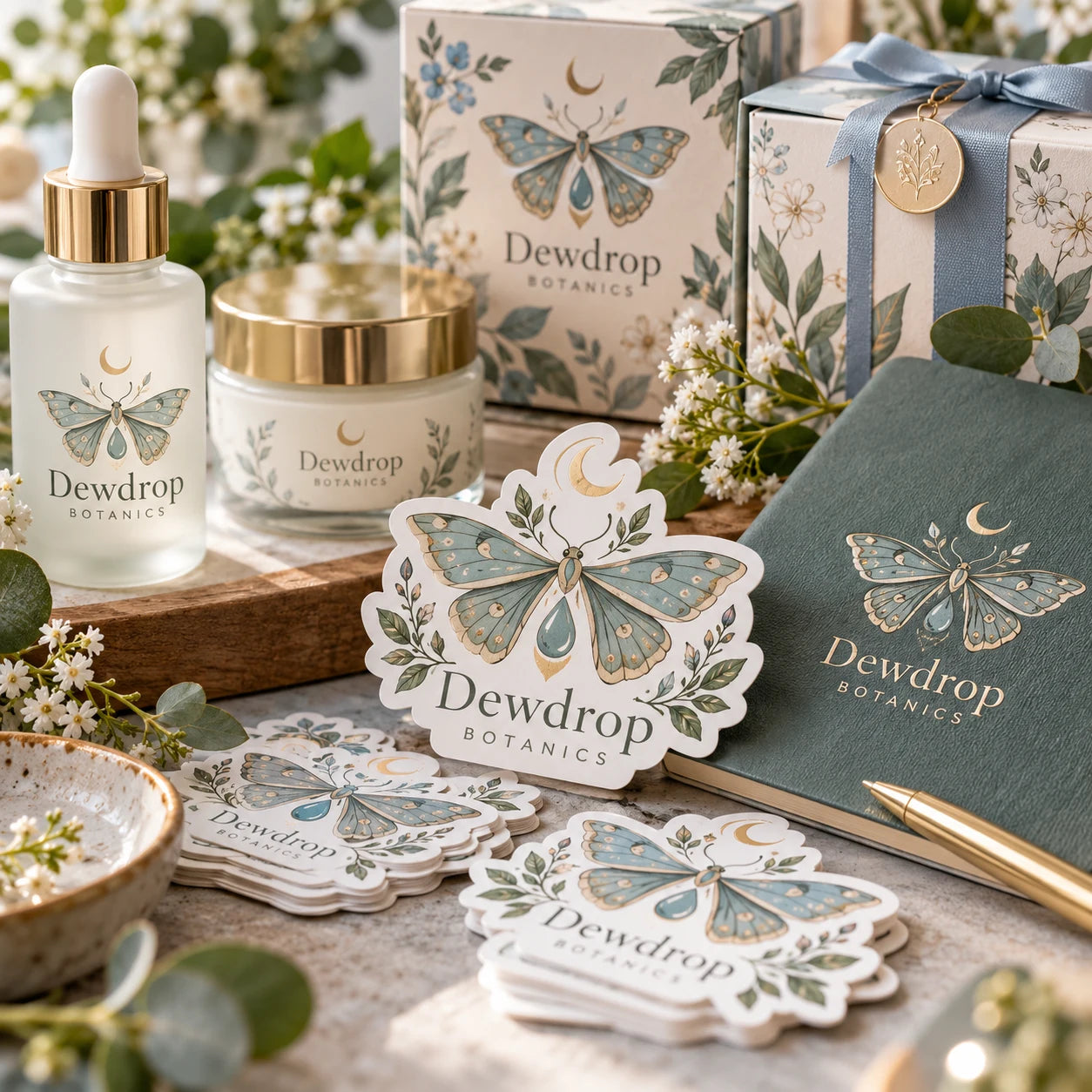 Dewdrop Botanics fictional example storefront with custom lettering and stickers