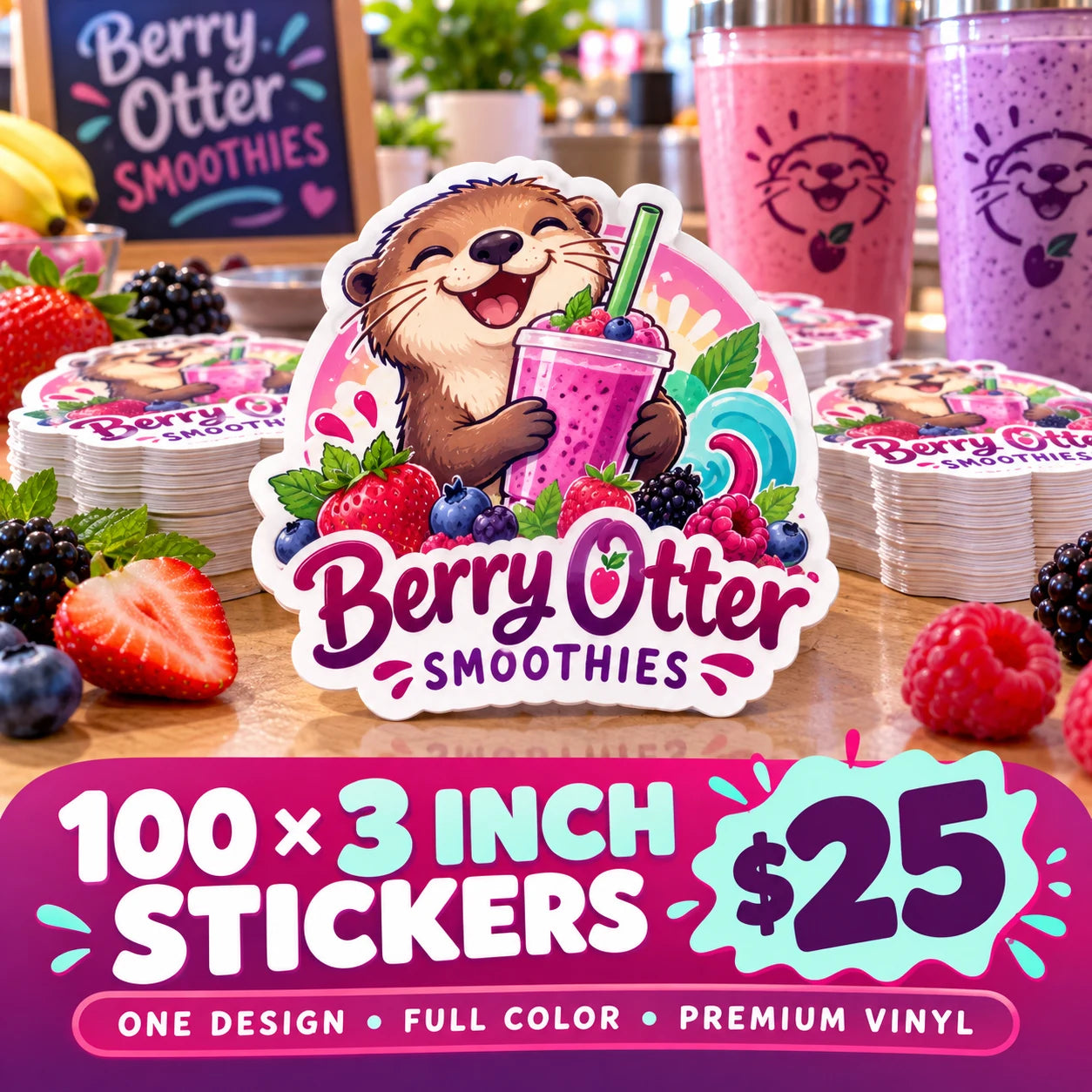 Berry Otter Smoothies fictional example: 100 custom 3 inch stickers for $25