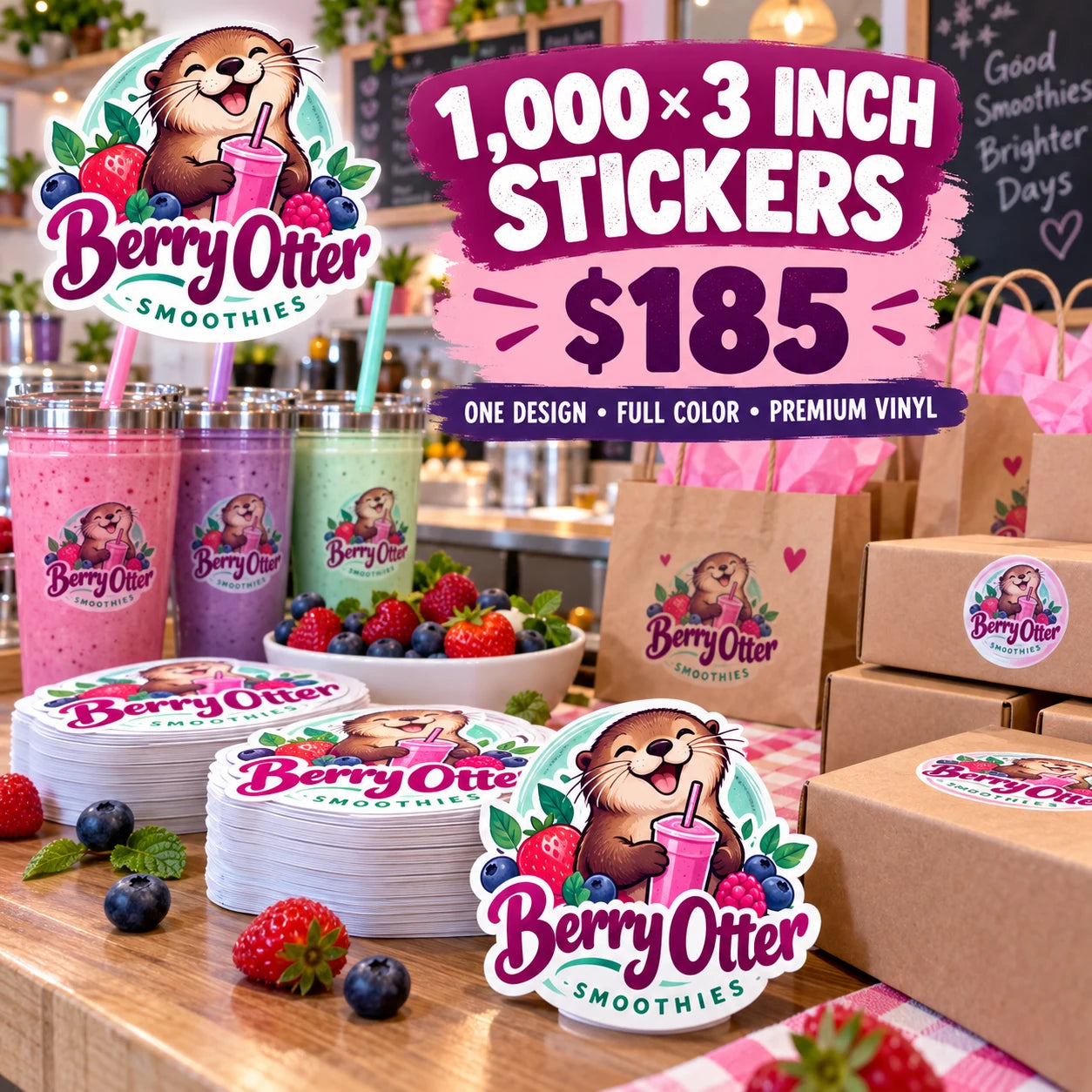 Berry Otter Smoothies fictional packaging and sticker ideas