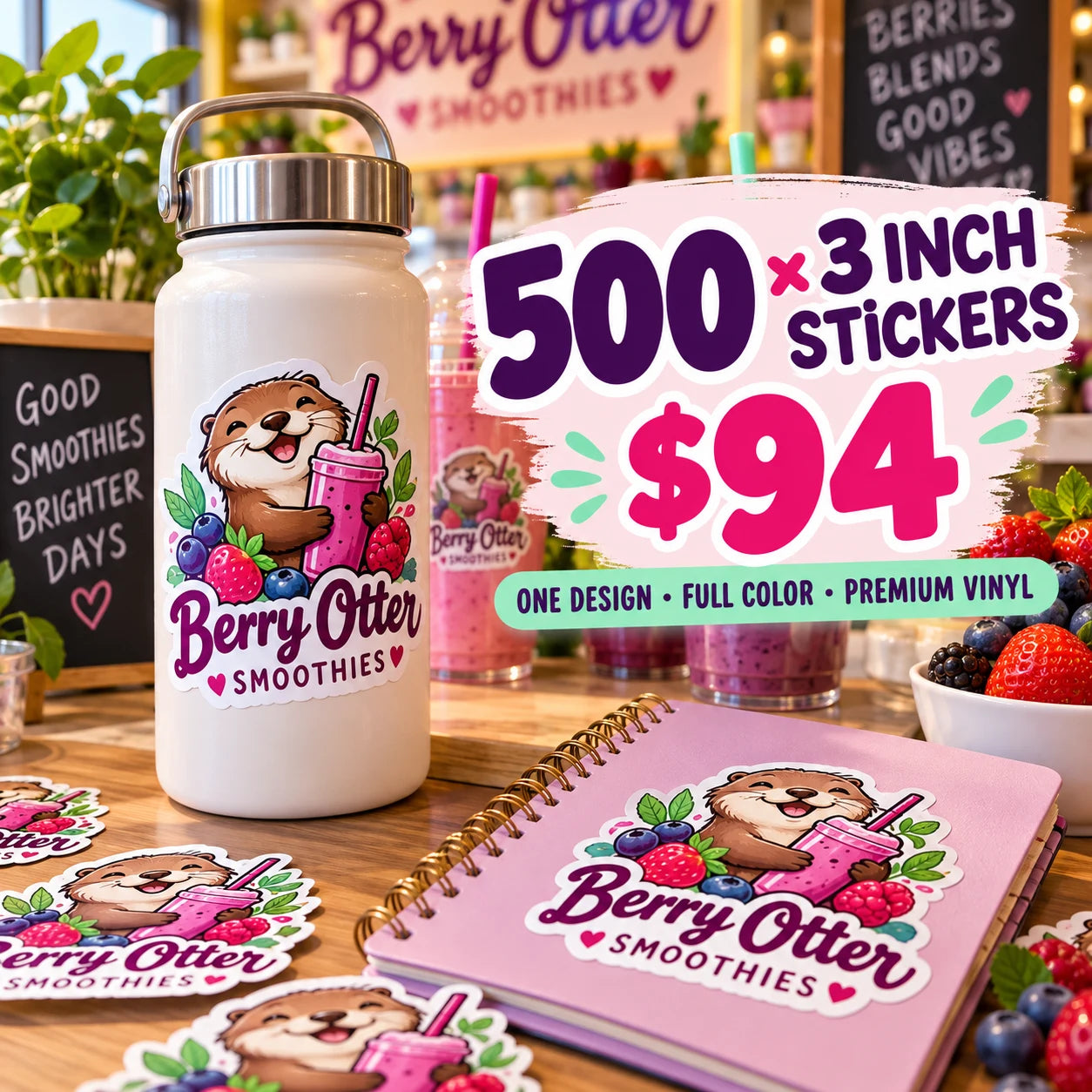 Berry Otter Smoothies fictional example: 500 custom 3 inch stickers for $94