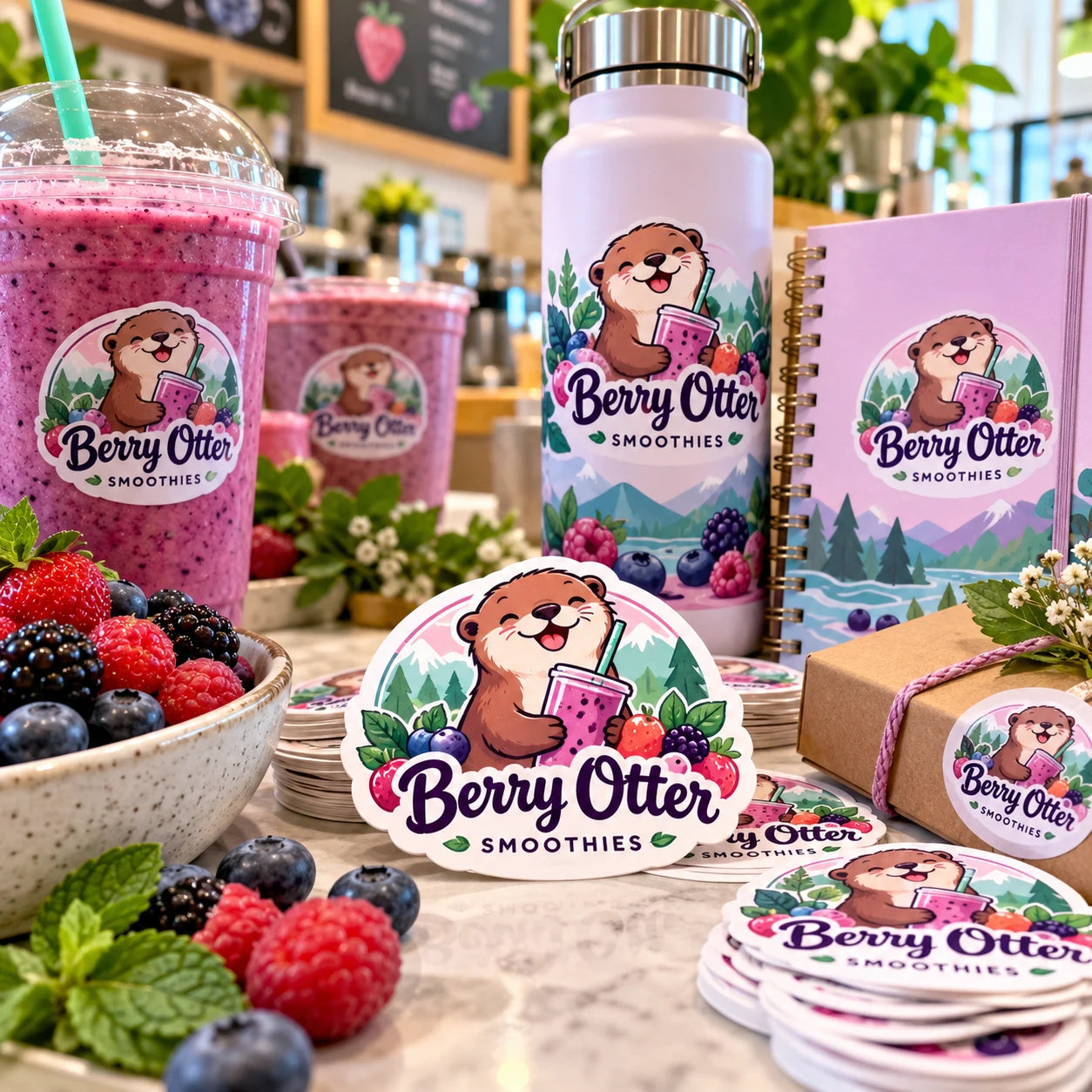 Berry Otter Smoothies fictional example storefront with custom lettering and stickers