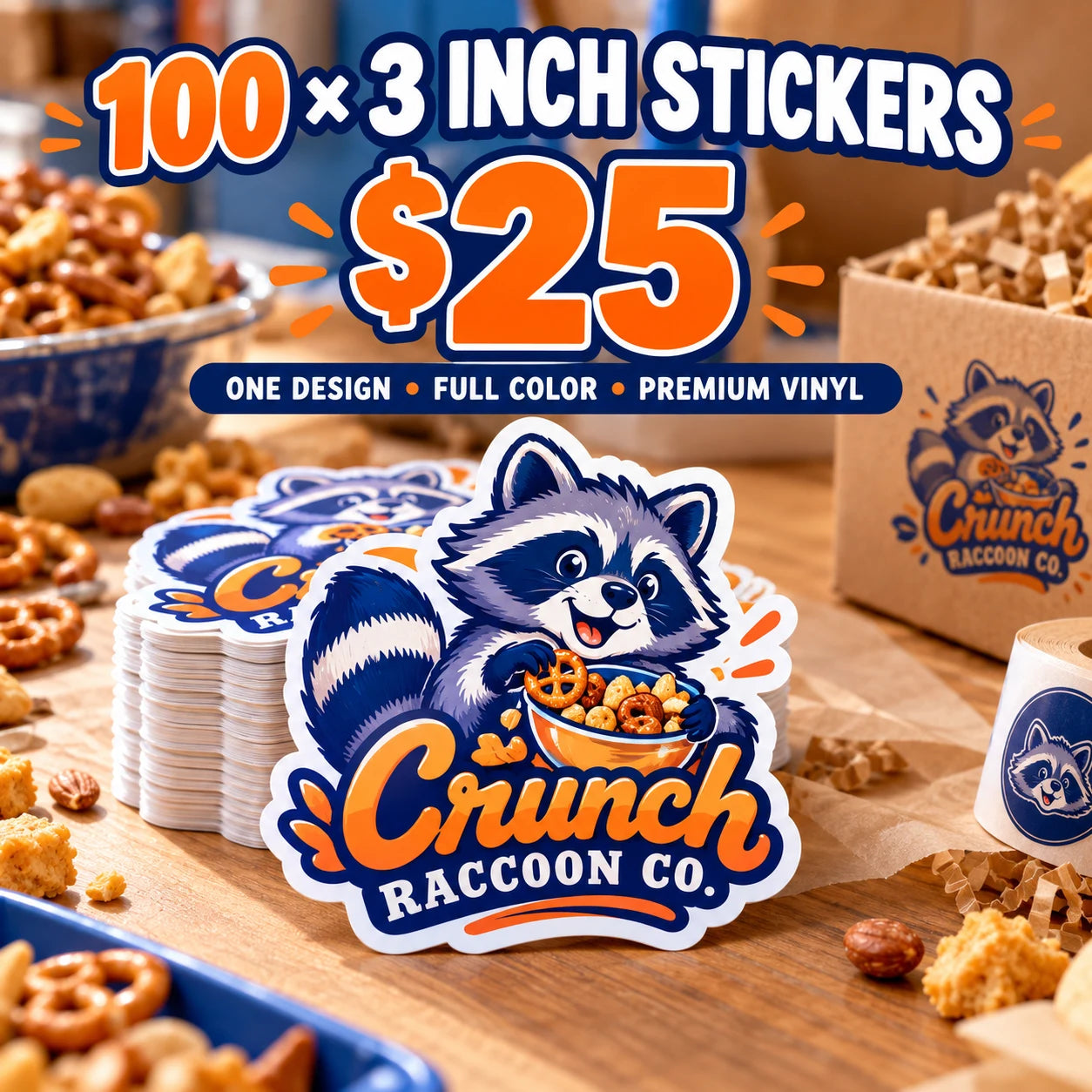 Crunch Raccoon Co. fictional example: 100 custom 3 inch stickers for $25