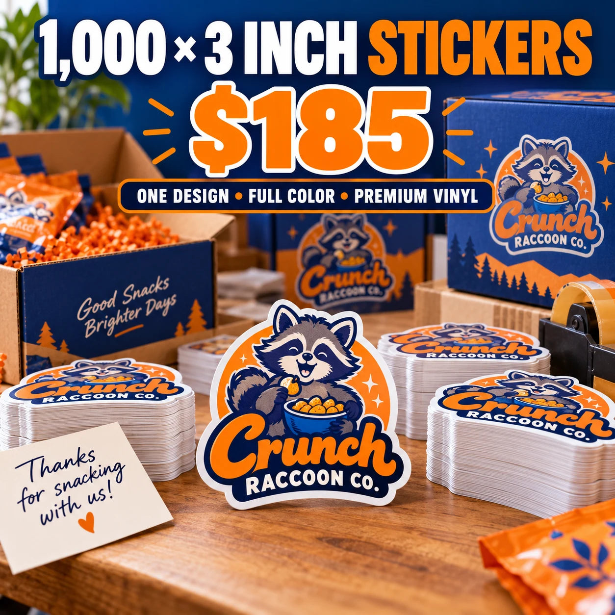 Crunch Raccoon Co. fictional example: 1000 custom 3 inch stickers for $185