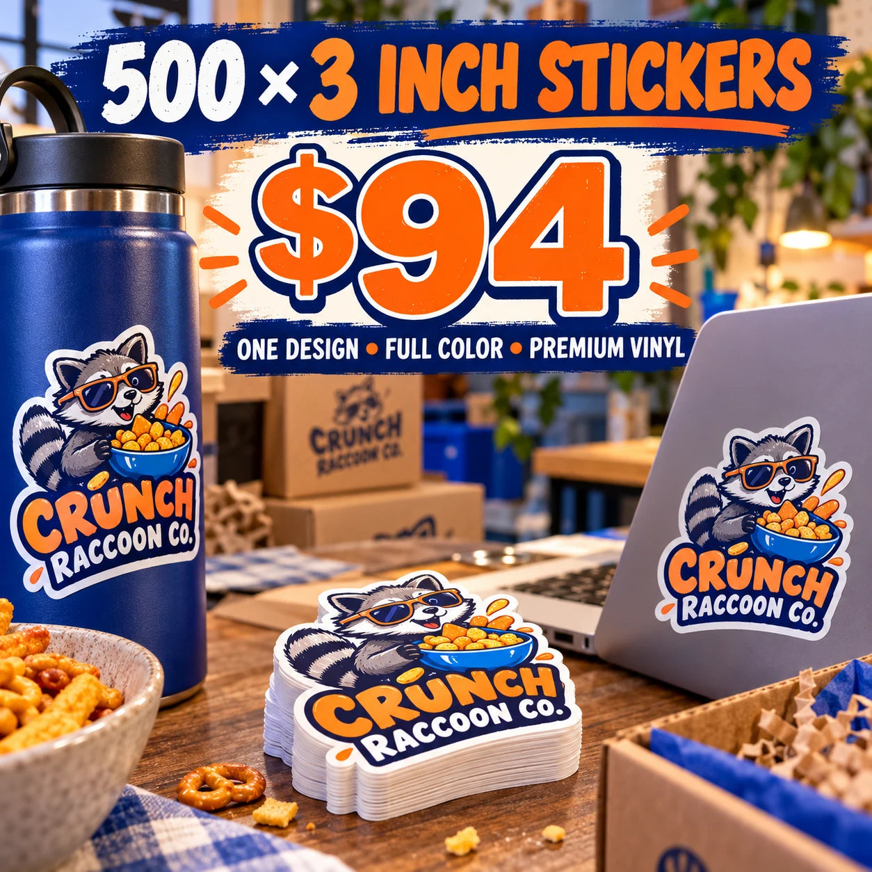Crunch Raccoon Co. fictional example: 500 custom 3 inch stickers for $94