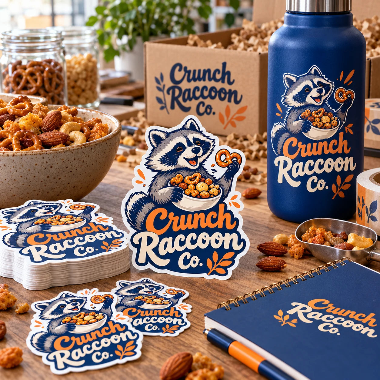 Crunch Raccoon Co. fictional example storefront with custom lettering and stickers