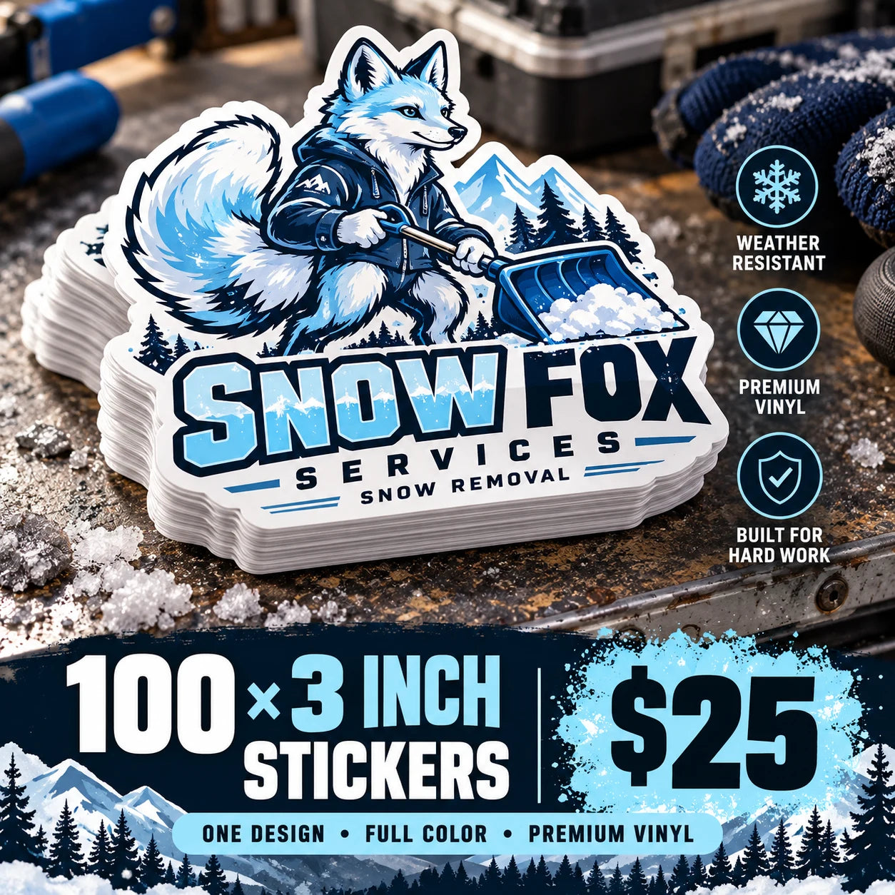 Snow Fox Services fictional example: 100 custom 3 inch stickers for $25