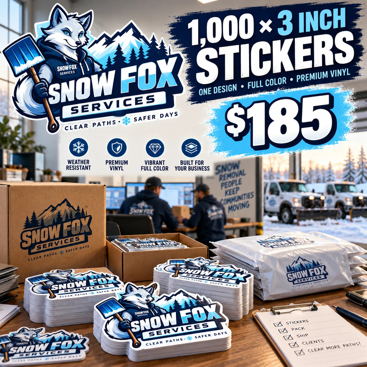 Snow Fox Services fictional example: 1000 custom 3 inch stickers for $185