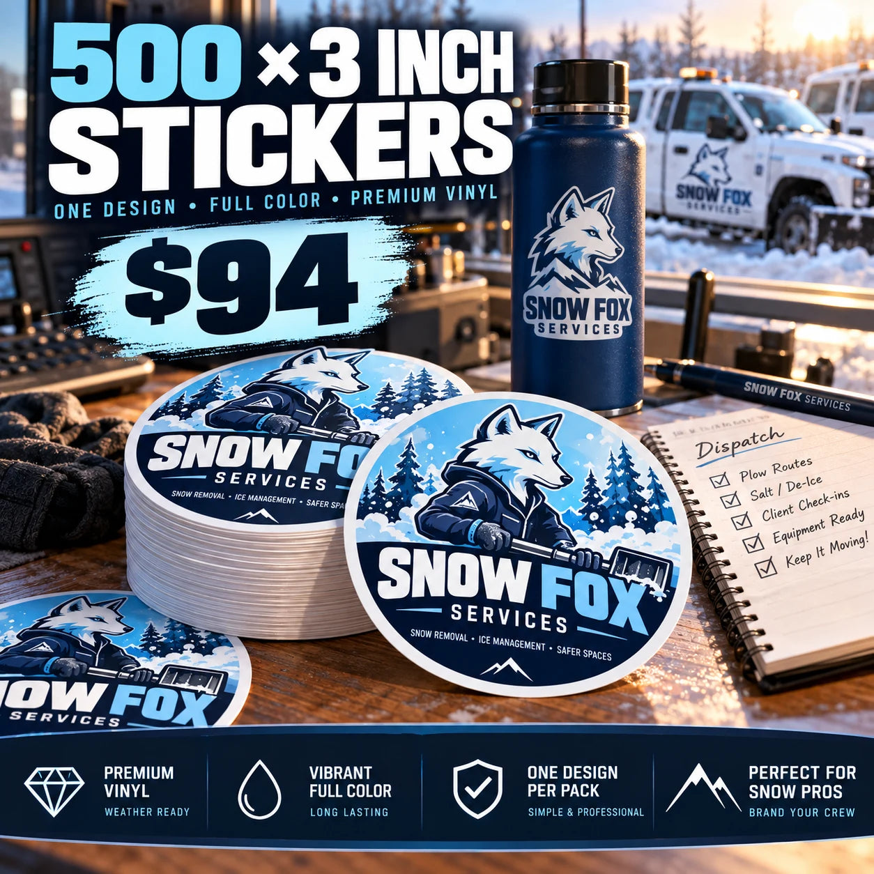 Snow Fox Services fictional example: 500 custom 3 inch stickers for $94
