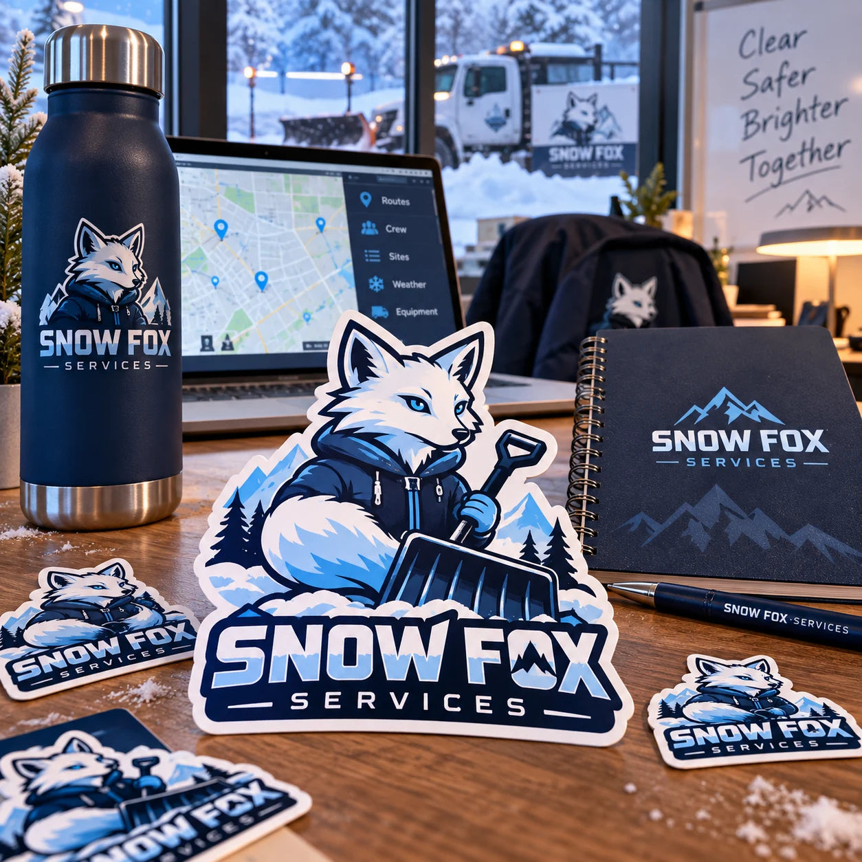 Snow Fox Services fictional example storefront with custom lettering and stickers