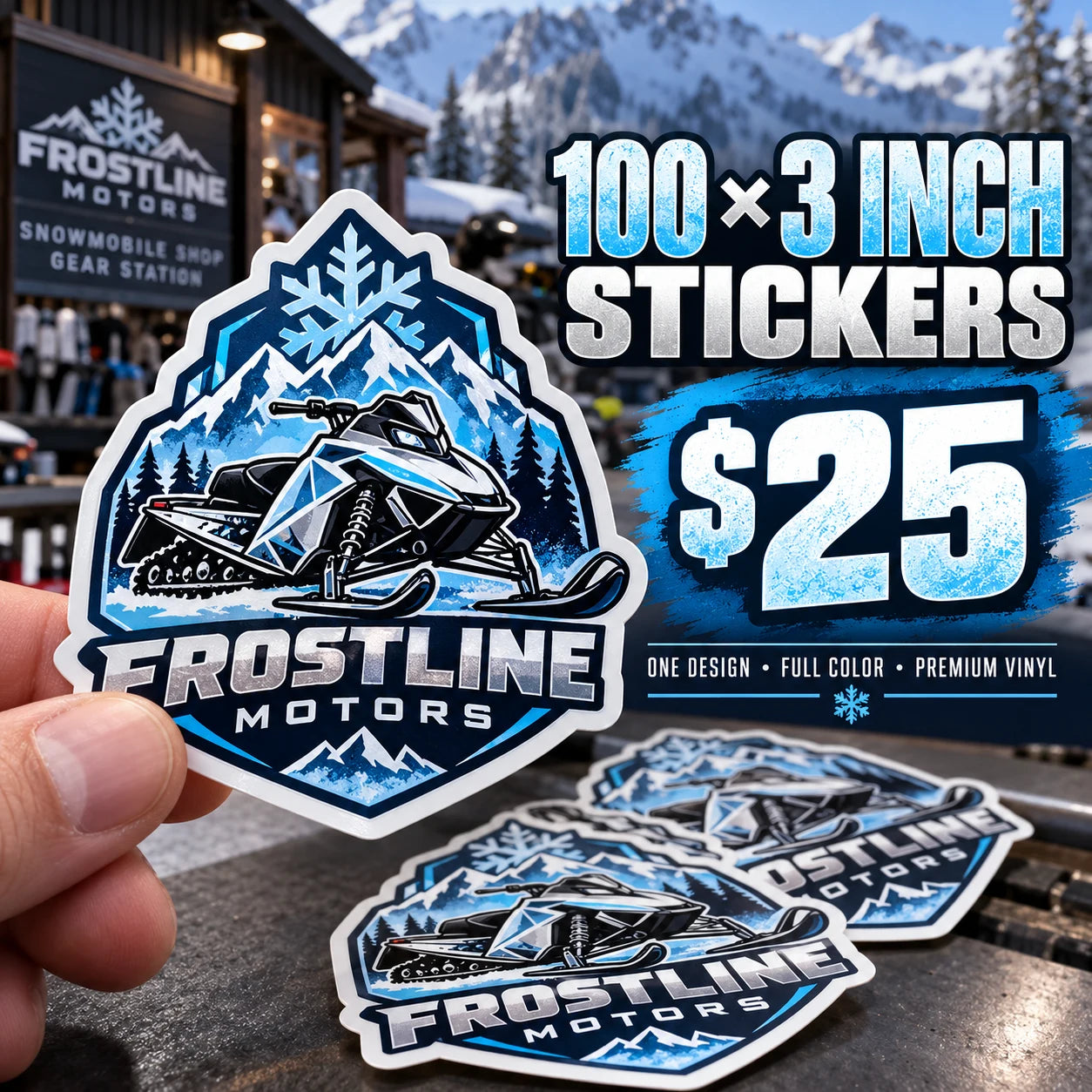 Frostline Motors fictional example: 100 custom 3 inch stickers for $25