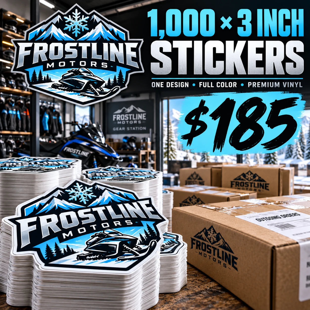Frostline Motors fictional example: 1000 custom 3 inch stickers for $185