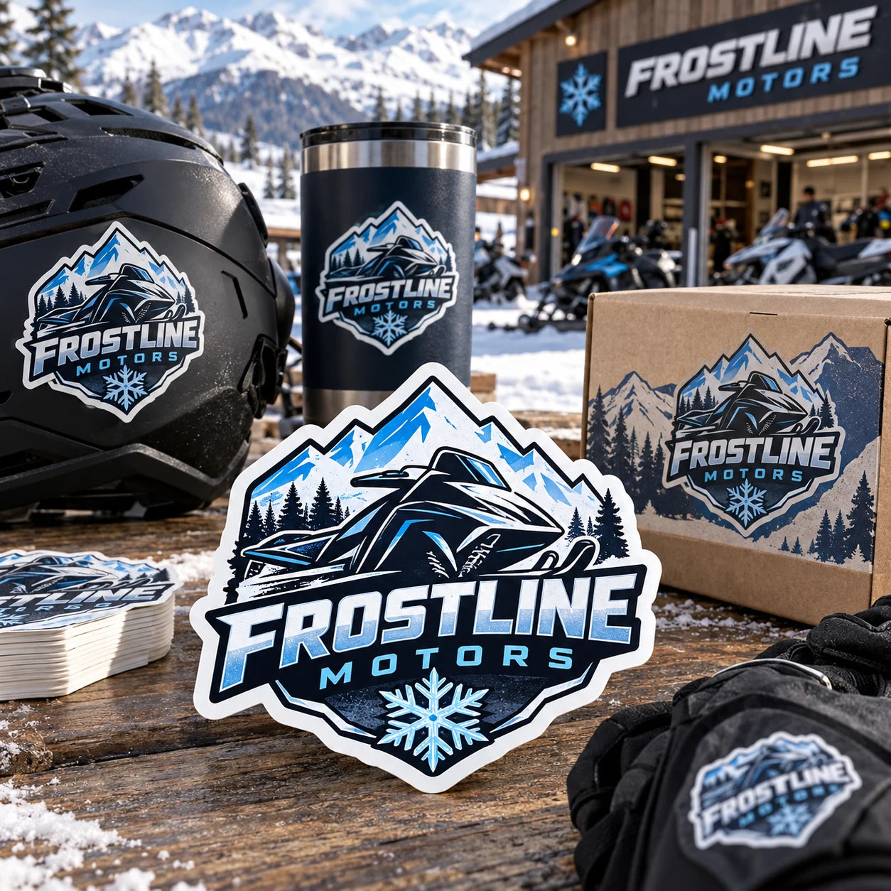 Frostline Motors fictional example storefront with custom lettering and stickers