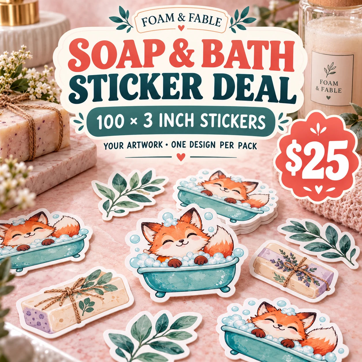 Foam & Fable fictional example: 100 custom 3 inch stickers for $25