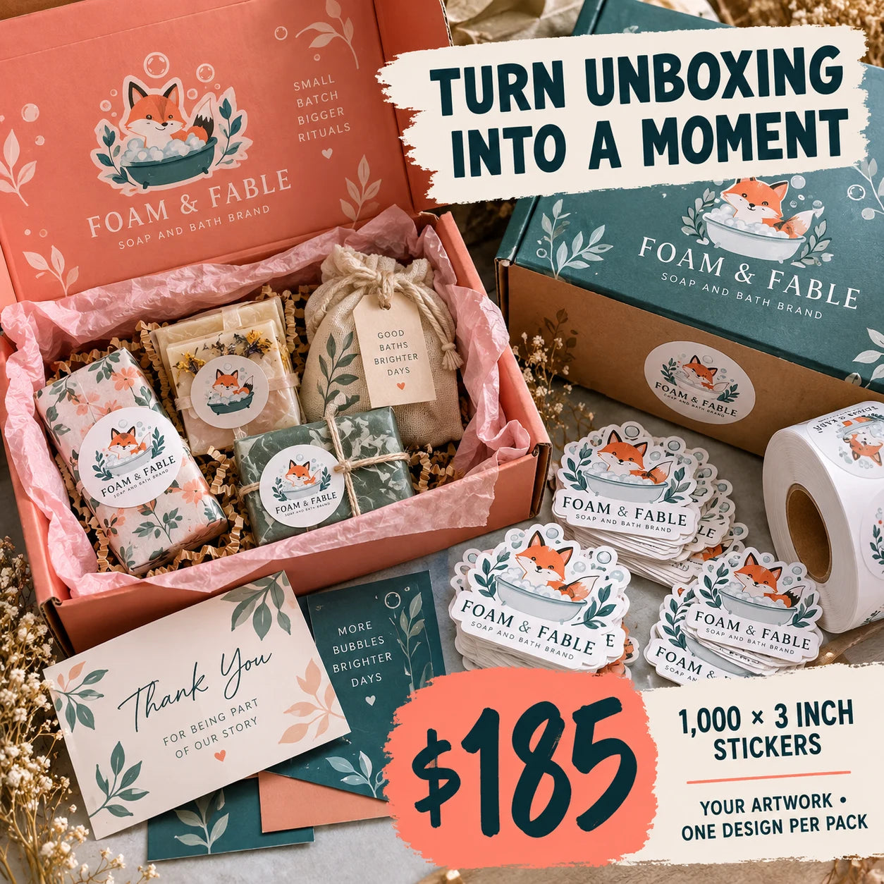 Foam & Fable fictional packaging and sticker ideas