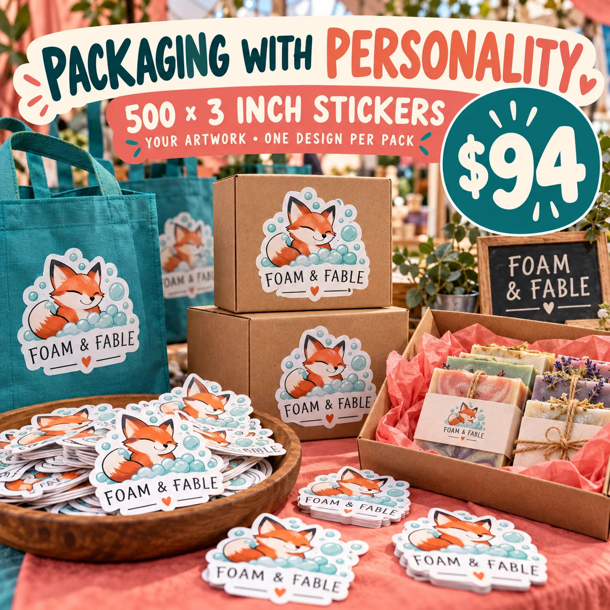 Foam & Fable fictional example: 500 custom 3 inch stickers for $94