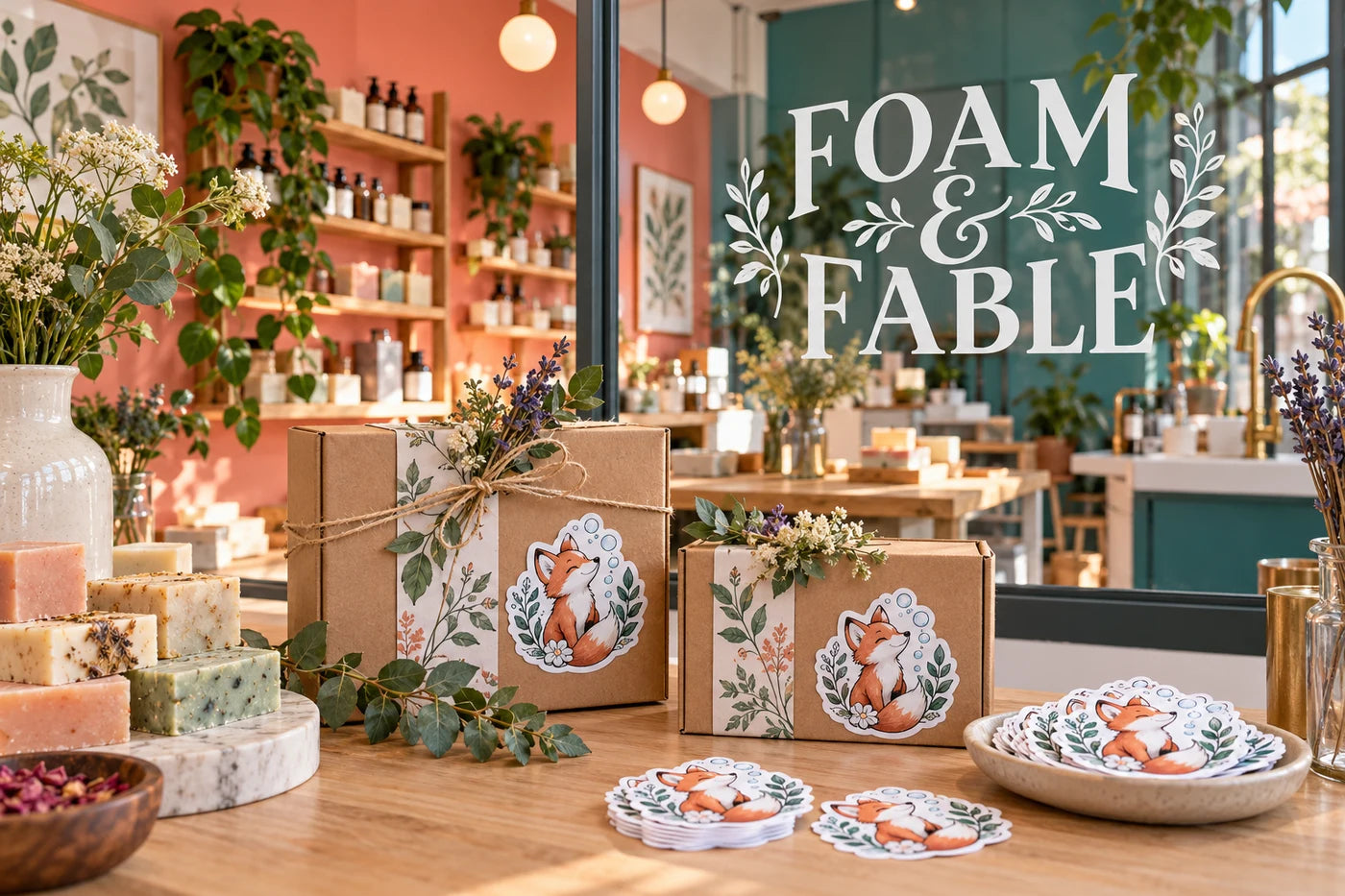 Foam & Fable fictional example storefront with custom lettering and stickers