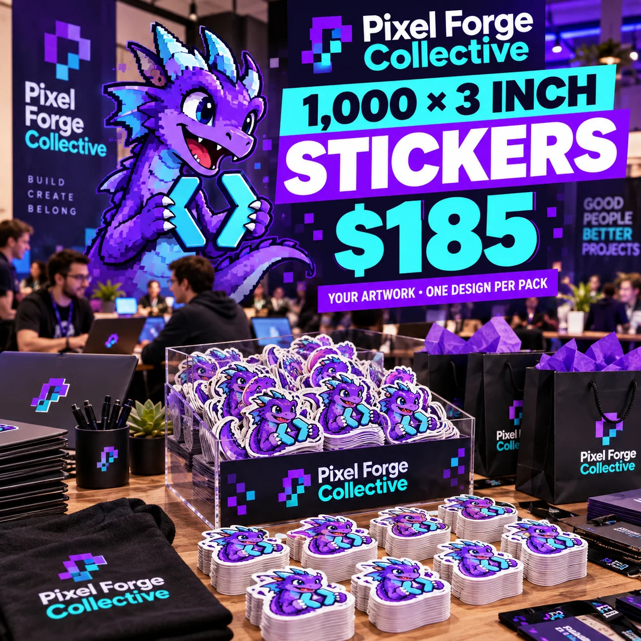 Pixel Forge Collective fictional packaging and sticker ideas