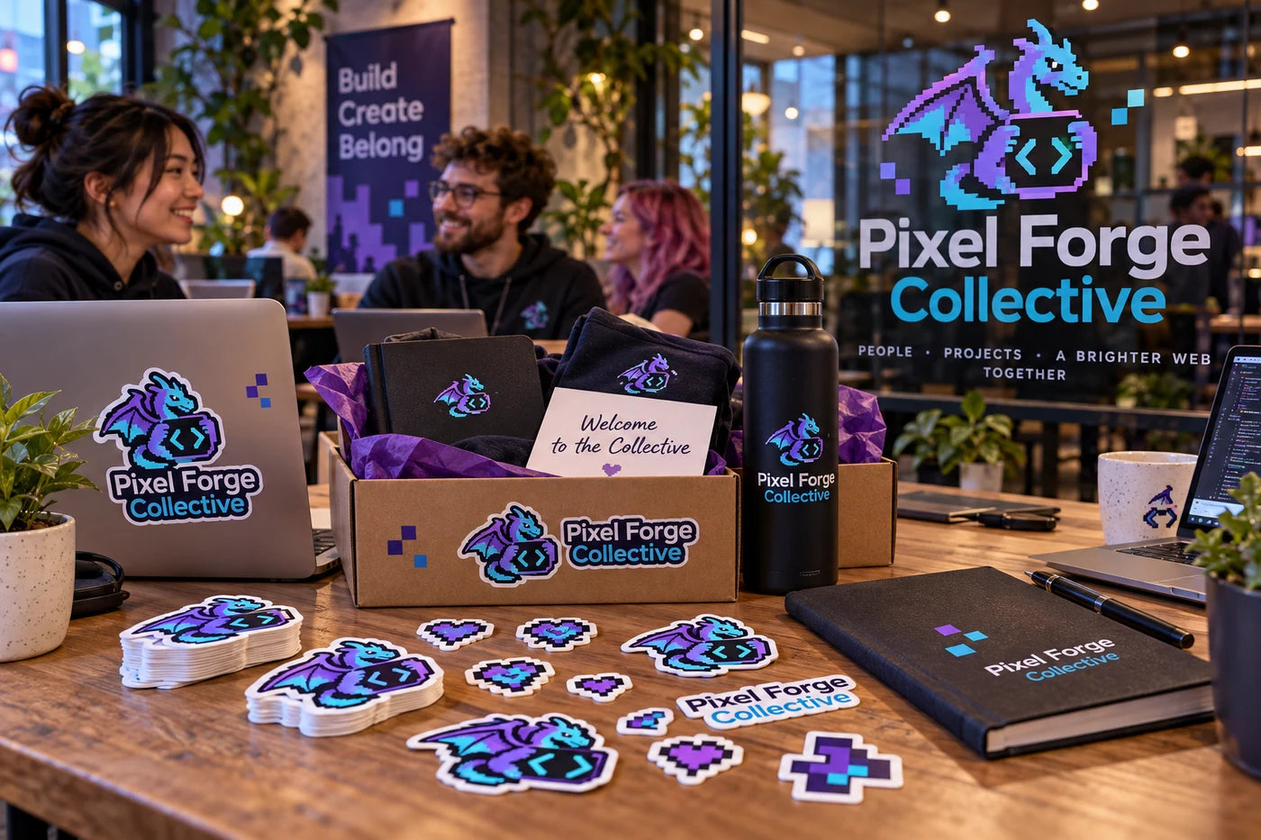 Pixel Forge Collective fictional example storefront with custom lettering and stickers