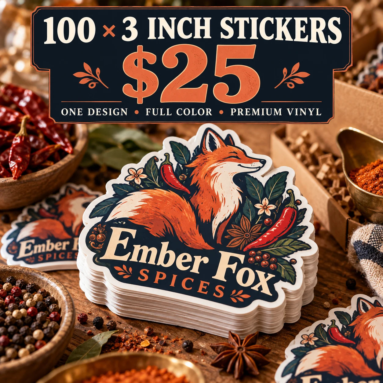Ember Fox Spices fictional example: 100 custom 3 inch stickers for $25